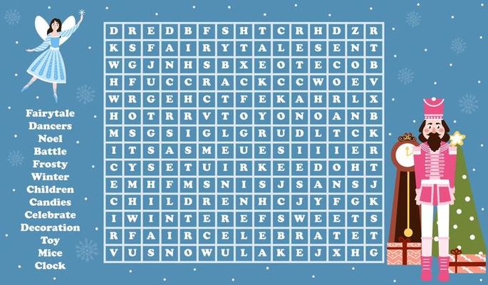 Christmas word search game for kids with nutcracker character and fairy with xmas eve on blue background, riddle for learning english vocabulary, printable worksheet in cartoon style
