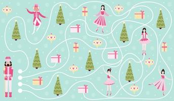 juego de encontrar el camino de navidad para niños con personaje de cascanueces y bailarina, rey ratón y árbol de navidad, hoja de trabajo imprimible vector