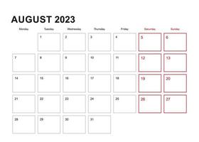 Wall planner for August 2023 in English language, week starts in Monday. vector