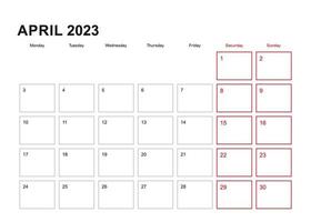 Wall planner for April 2023 in English language, week starts in Monday. vector