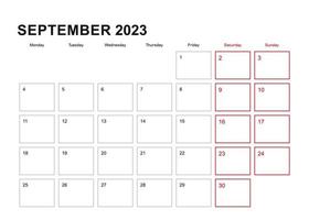 Wall planner for September 2023 in English language, week starts in Monday. vector