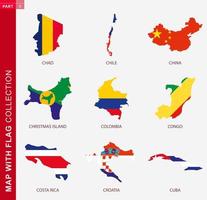 Map with flag collection, nine map contour with flag vector