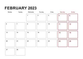 planificador de pared para febrero de 2023 en inglés, la semana comienza el lunes. vector