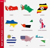 Map with flag collection, nine map contour with flag vector