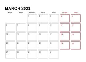 Wall planner for March 2023 in English language, week starts in Monday. vector