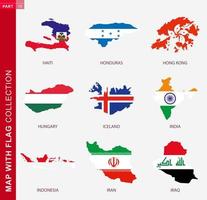 Map with flag collection, nine map contour with flag vector