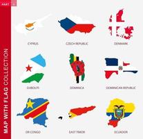 Map with flag collection, nine map contour with flag vector