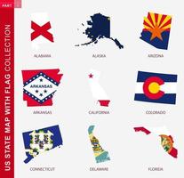 US State Maps with flag collection, nine USA map contour with flag vector