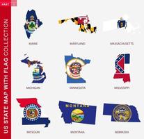 US State Maps with flag collection, nine USA map contour with flag vector