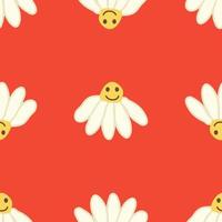 Chamomile smile 1970 pattern. Groovy daisy retro seamless pattern vector