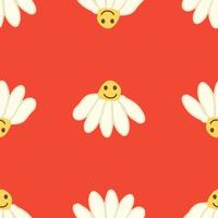 Chamomile smile 1970 pattern. Groovy daisy retro seamless pattern vector