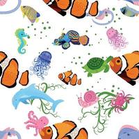 Marine life, fish, animals bright seamless pattern. sea travel, underwater diving animal tropical fish. Jellyfish, whale, shark, seahorse, clown fish, dolphin, turtle, emperor vector