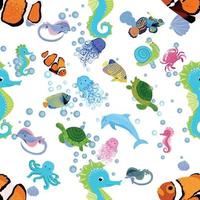 Marine life, fish, animals bright seamless pattern. sea travel, underwater diving animal tropical fish. Jellyfish, whale, shark, seahorse, clown fish, dolphin, turtle, emperor vector