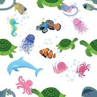 Marine life, fish, animals bright seamless pattern. sea travel, underwater diving animal tropical fish. Jellyfish, whale, shark, seahorse, clown fish, dolphin, turtle, emperor vector