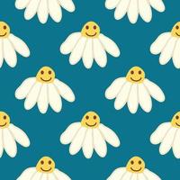 Chamomile smile 1970 pattern. Groovy daisy retro seamless pattern vector