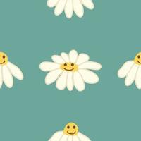 Chamomile smile 1970 pattern. Groovy daisy retro seamless pattern vector