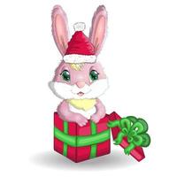 Cute cartoon rabbit in santa hat with a gift. Winter 2023, Christmas and New Year vector