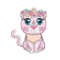 Cartoon cat with a wreath. Spring is coming. Cute child character, symbol of 2023 new chinese year vector