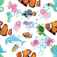 Marine life, fish, animals bright seamless pattern. sea travel, underwater diving animal tropical fish. Jellyfish, whale, shark, seahorse, clown fish, dolphin, turtle, emperor vector