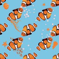 Amphiprion, Orange bright sea dweller clown fish surrounded by water bulbs, hand drawn vector