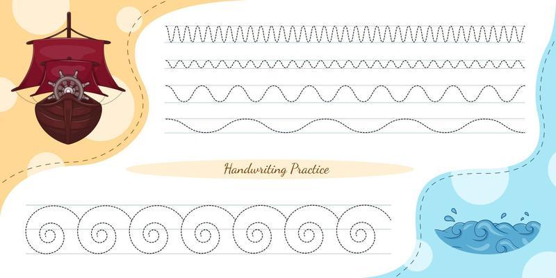 Handwriting practice for kids, lines. A ship and sea