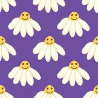 Chamomile smile 1970 pattern. Groovy daisy retro seamless pattern vector