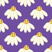 Chamomile smile 1970 pattern. Groovy daisy retro seamless pattern vector