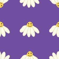 Chamomile smile 1970 pattern. Groovy daisy retro seamless pattern vector