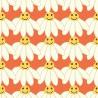 Chamomile smile 1970 pattern. Groovy daisy retro seamless pattern vector