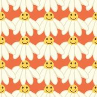 Chamomile smile 1970 pattern. Groovy daisy retro seamless pattern vector