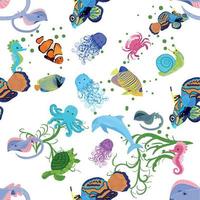 Marine life, fish, animals bright seamless pattern. sea travel, underwater diving animal tropical fish. Jellyfish, whale, shark, seahorse, clown fish, dolphin, turtle, emperor vector