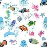 Marine life, fish, animals bright seamless pattern. sea travel, underwater diving animal tropical fish. Jellyfish, whale, shark, seahorse, clown fish, dolphin, turtle, emperor vector