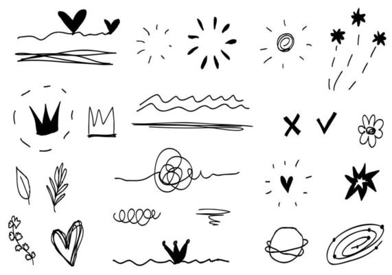 Scribble line stars, hearts, nature. Sketch set, cute isolated collection elements.