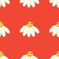 Chamomile smile 1970 pattern. Groovy daisy retro seamless pattern vector