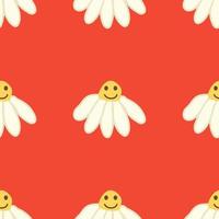 Chamomile smile 1970 pattern. Groovy daisy retro seamless pattern vector