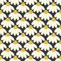 Chamomile smile 1970 pattern. Groovy daisy retro seamless pattern vector