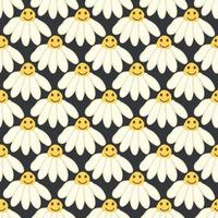 Chamomile smile 1970 pattern. Groovy daisy retro seamless pattern vector