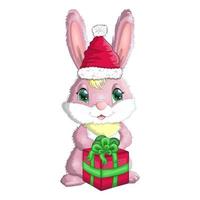 Cute cartoon rabbit in santa hat with a gift. Winter 2023, Christmas and New Year vector