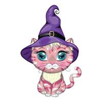 Cartoon cat in purple witch hat with broom, pumpkin, potion. Halloween character, poster. symbol of 2023 vector