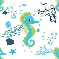 Seahorse, sea inhabitants seamless pattern, beautiful character among seashells, seaweed, starfish, marine vector