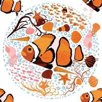 Amphiprion, Orange bright sea dweller clown fish surrounded by water bulbs, hand drawn vector