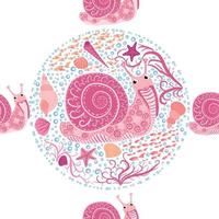 rosa caracol, patrones sin fisuras de los habitantes del mar, hermoso personaje entre conchas marinas, algas marinas, estrellas de mar vector
