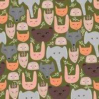 Seamless vector pattern with animal faces in doodle style. Children's pattern for printing on pastel linen and stationery.