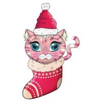 Cute cartoon cat in a Santa hat in a Christmas stocking. Winter 2023, Christmas and Chinese New Year. vector