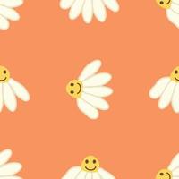 Chamomile smile 1970 pattern. Groovy daisy retro seamless pattern vector