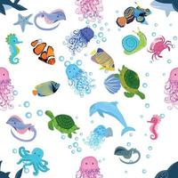 Marine life, fish, animals bright seamless pattern. sea travel, underwater diving animal tropical fish. Jellyfish, whale, shark, seahorse, clown fish, dolphin, turtle, emperor vector