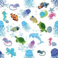 Marine life, fish, animals bright seamless pattern. sea travel, underwater diving animal tropical fish. Jellyfish, whale, shark, seahorse, clown fish, dolphin, turtle, emperor vector