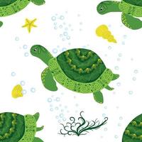 Turtle green seamless pattern, beautiful character among seashells, seaweed, starfish, sea animals wildlife nature. Nature underwater, marine wild fish in the ocean zoo. vector