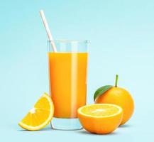 Glass of fresh orange juice on wooden table, Fresh fruits Orange juice in glass with group of orange on blue background, Selective focus on glass photo