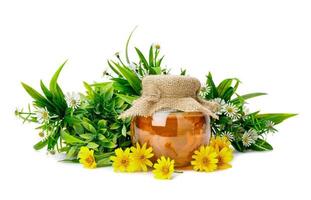 Honey bee in jar with flower isolate on white background, bee products by organic natural ingredients concept photo